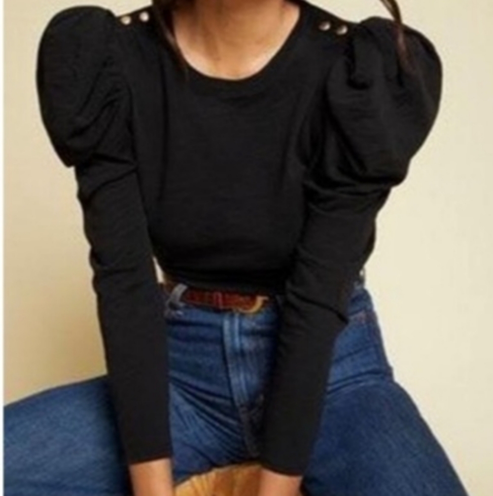Nation LTD Black Puff Sleeve Top, Gold Buttons, Size S